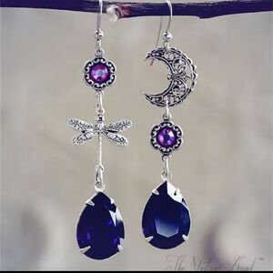 Silver Moon Dragonfly Dangle Earrings Jeweled | NWOT